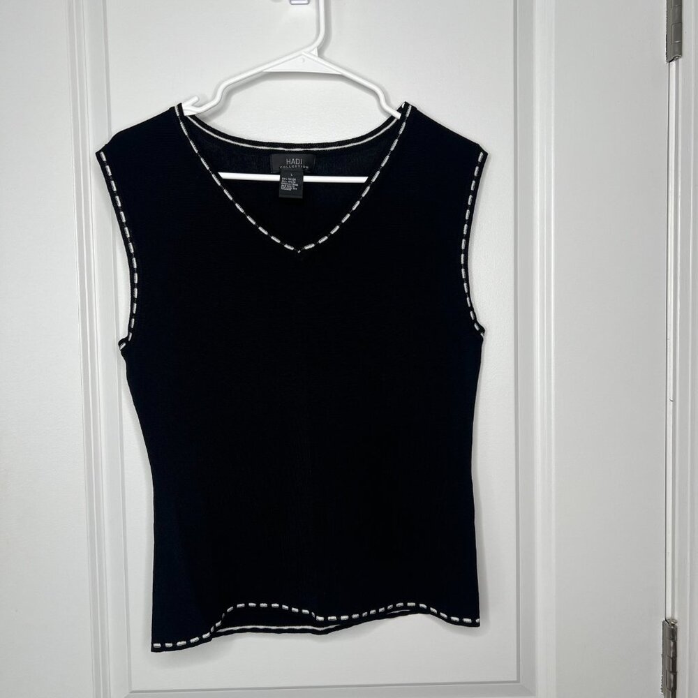 Hadi Collection Sleeveless Knit Tank Top Women's Size Large Black White Trim
